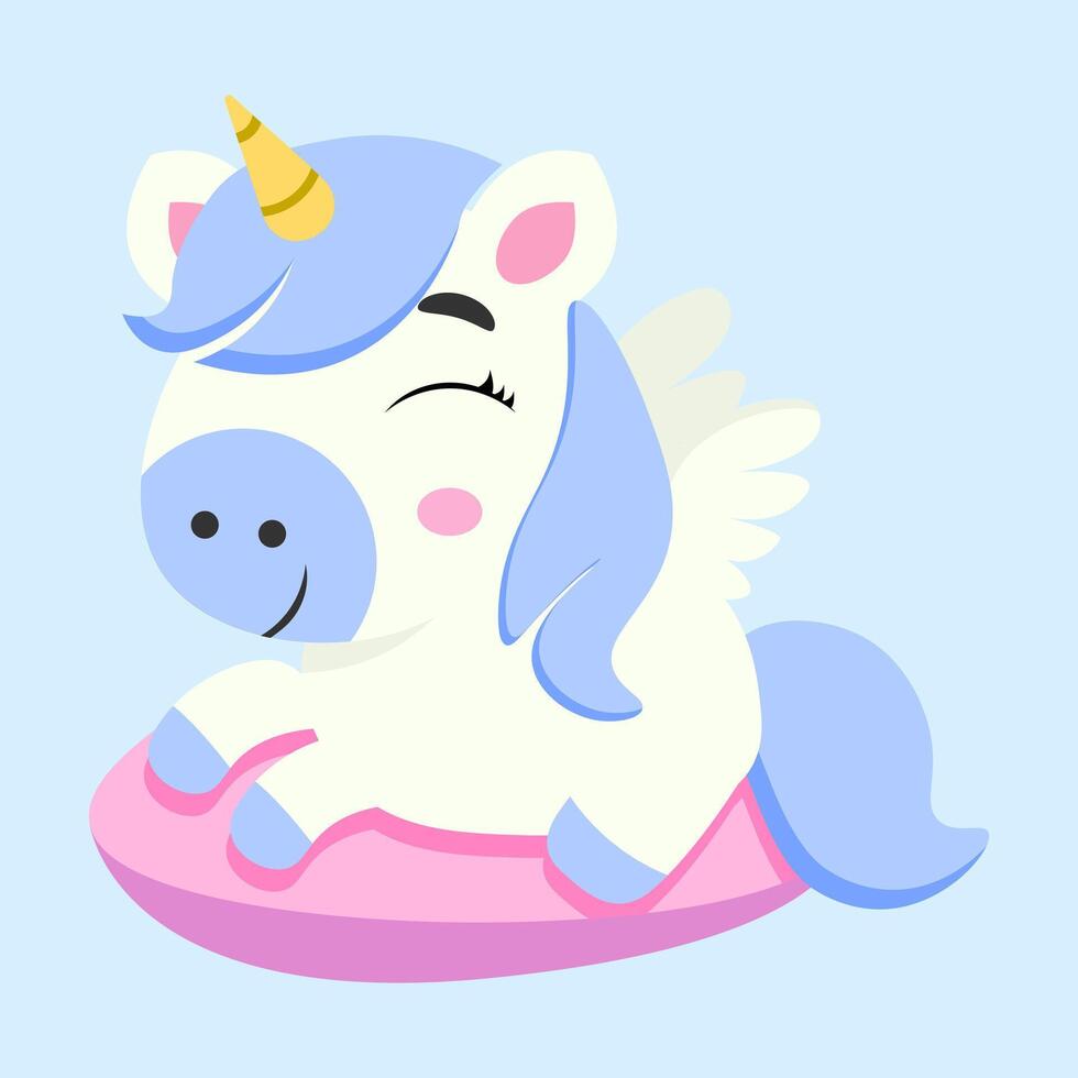 Charming unicorn resting on a soft pink cushion, eyes closed in a peaceful dream. Perfect for baby shower decor, nursery prints, greeting cards, and fantasy-themed designs. Whimsical and magical vector