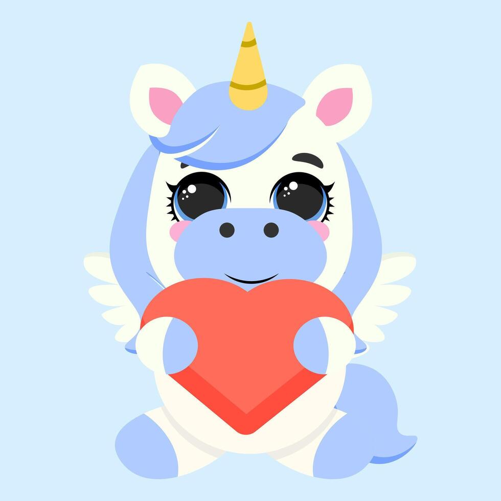 Adorable winged unicorn holding a heart, symbolizing love and kindness. Perfect for Valentine's Day, greeting cards, nursery decor, and whimsical designs. Soft pastel tones enhance its charm vector