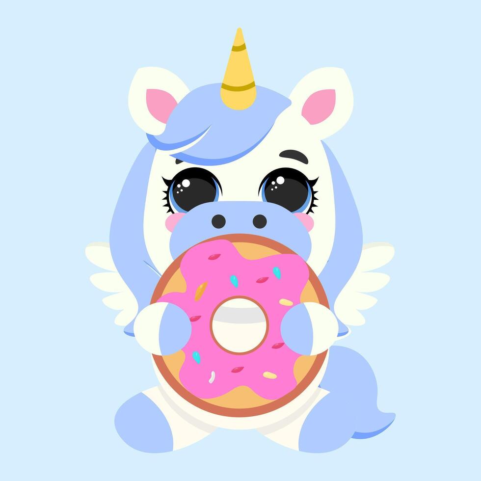 Cute unicorn with blue hair and golden horn holding a pink donut with sprinkles. Ideal for bakery designs, birthday decorations, kids' illustrations, party invitations, and sweet-themed artwork vector