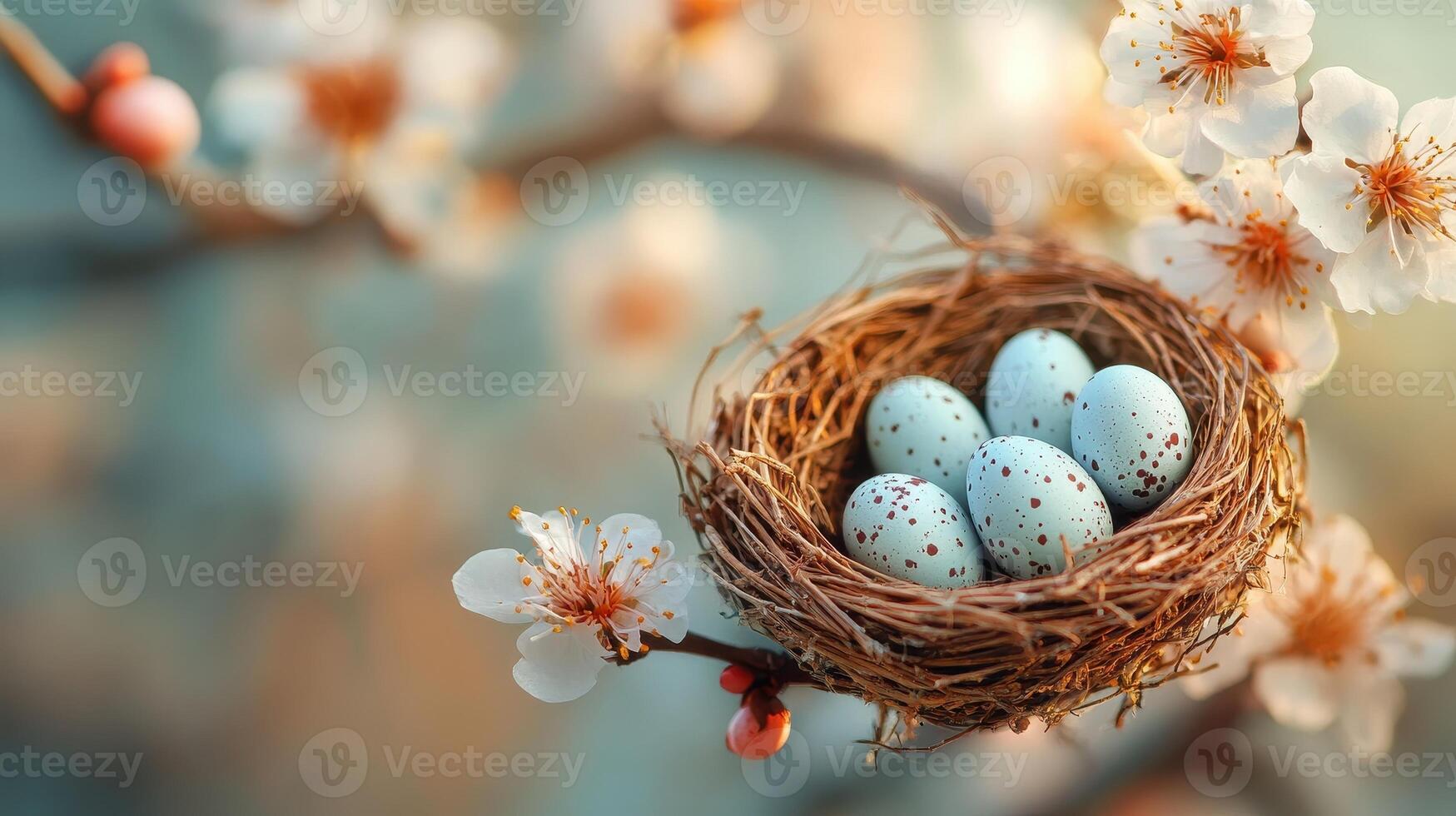 Bird's nest with eggs in spring blossom photo