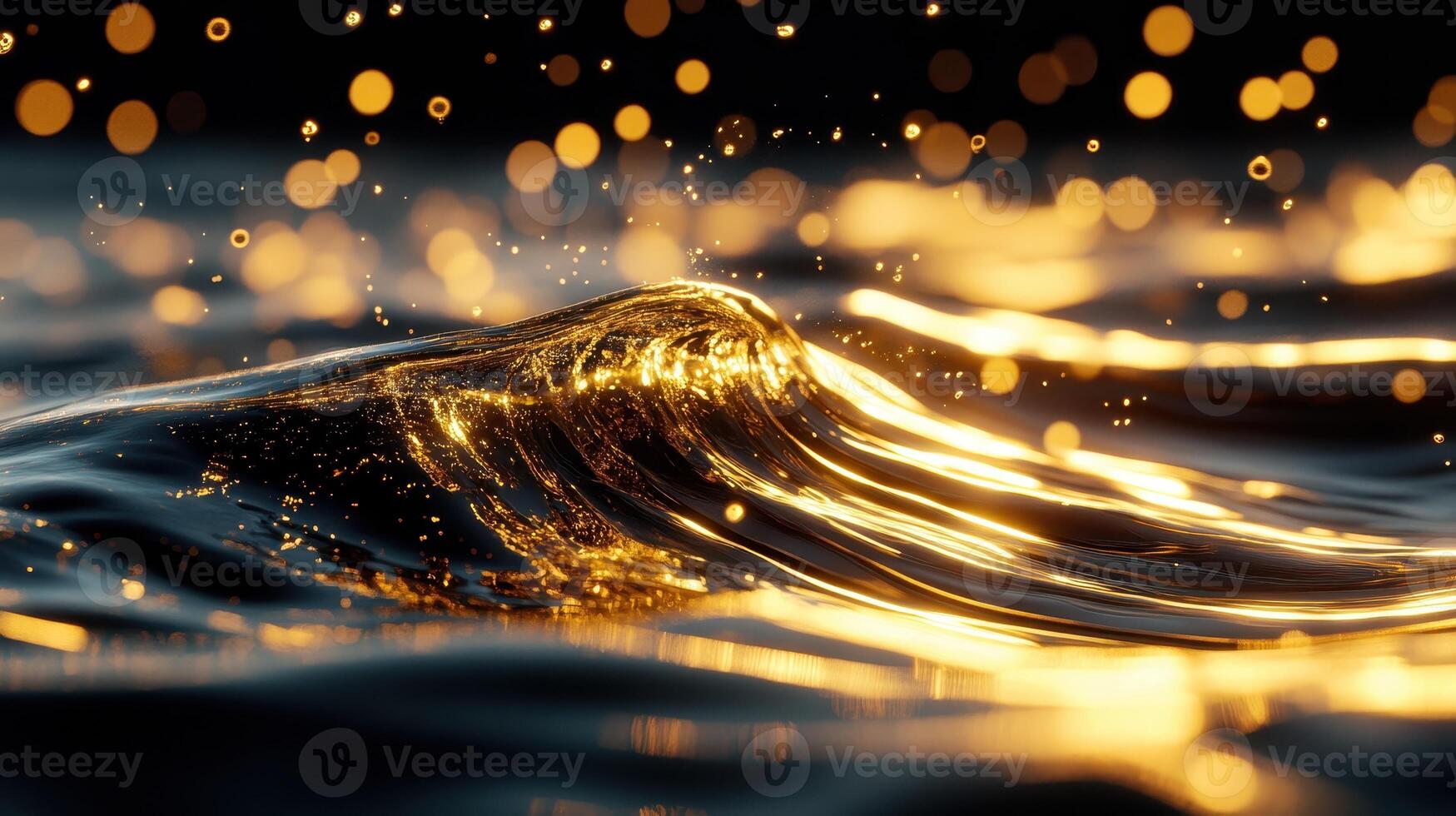 Golden wave, dark background, bokeh lights, liquid texture, website banner photo