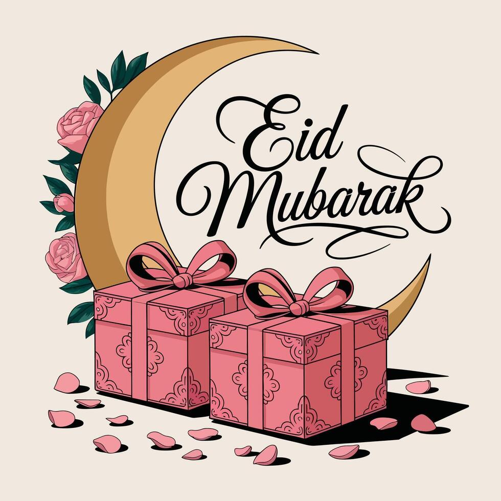 Stunning Eid Gift Boxes and Crescent Moon with a Floral Touch vector