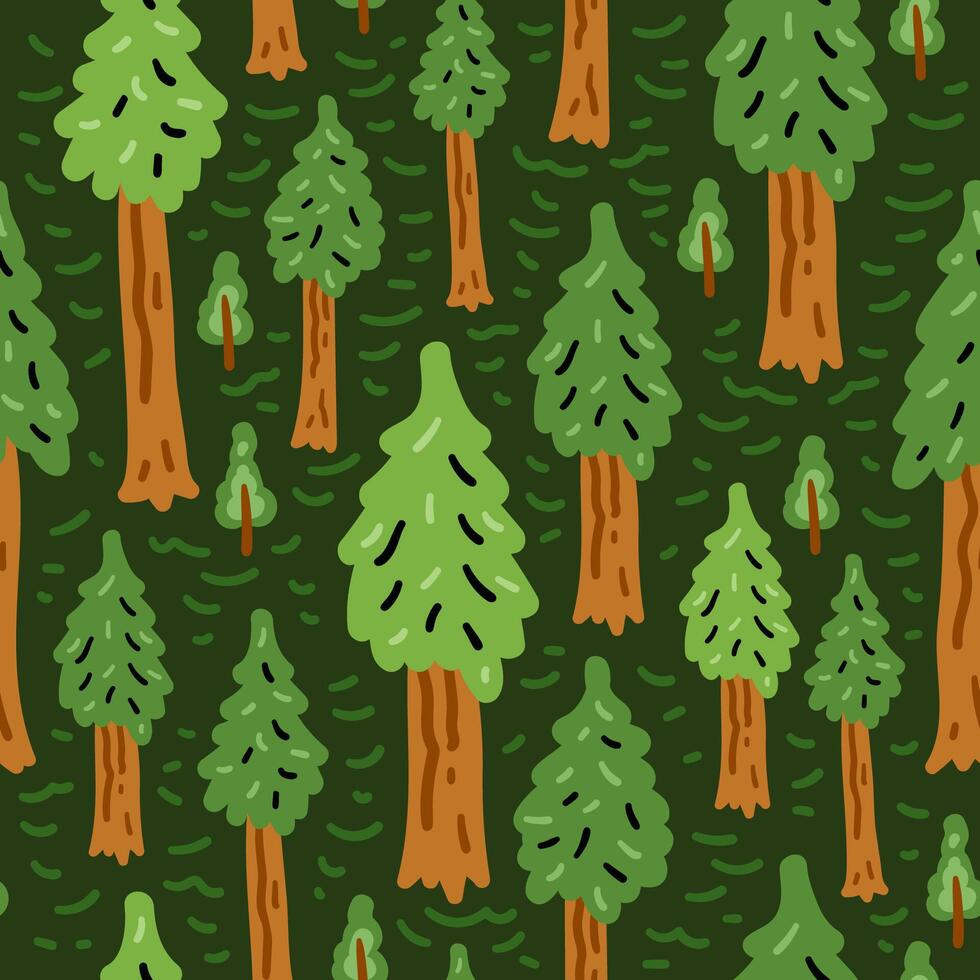 Bright forest cartoon seamless pattern. Nature cheerful children trees background. vector