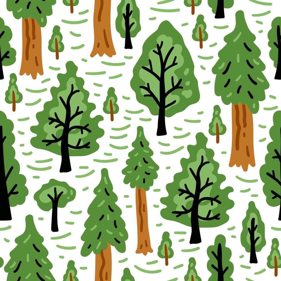Bright forest funny cartoon seamless pattern. Nature cheerful children trees background. For children's textiles, hand-drawn for babies. Northern spring forest vector