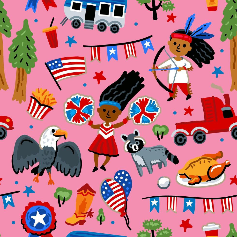 Bright cheerful children seamless pattern with symbols of the United States of America. July 4. American Indian, indian, eagle, sequoia, flag. USA landmarks. Childish travel background vector