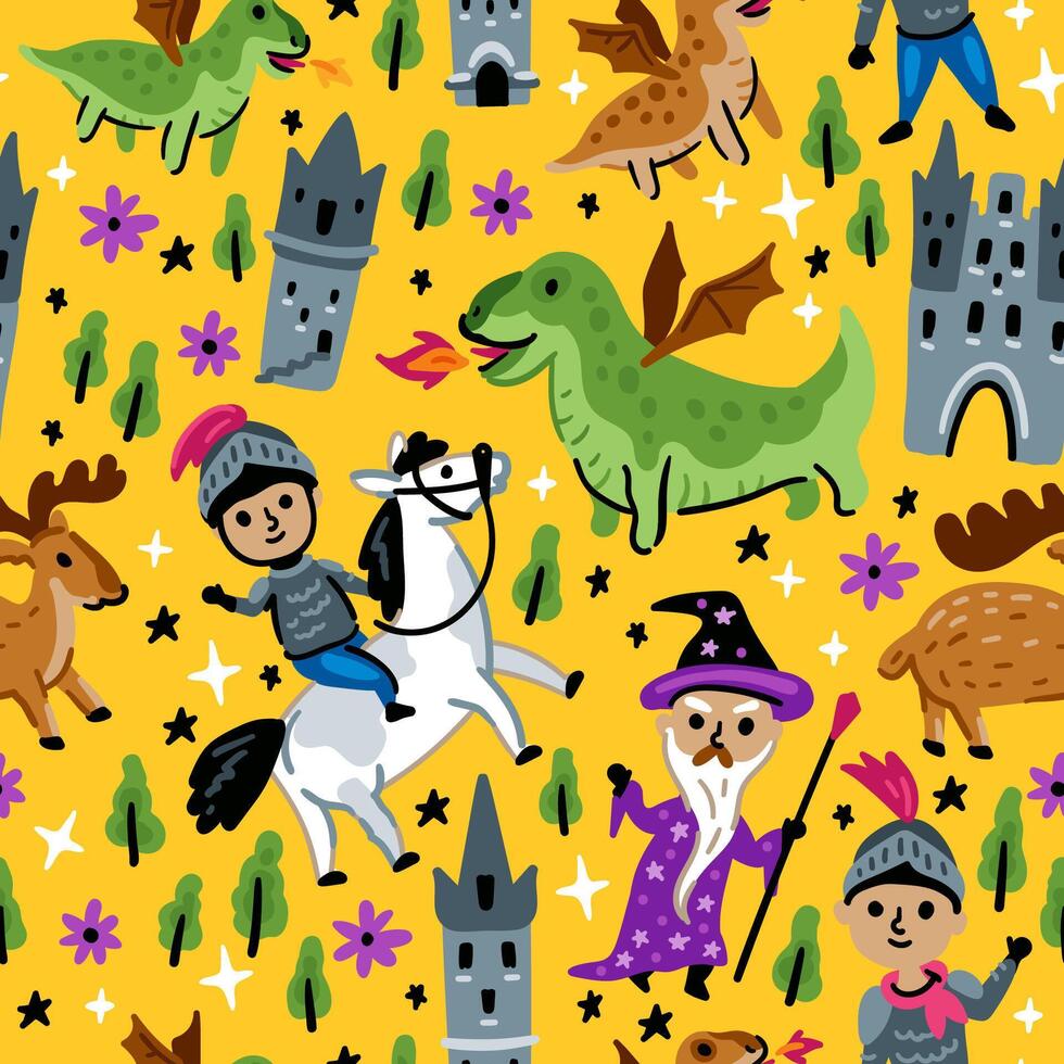 Bright children seamless pattern with fairy tale characters. Middle Ages magic legends Kingdom elements. Childish background. Knight, Castle and Wizard and Dragon vector