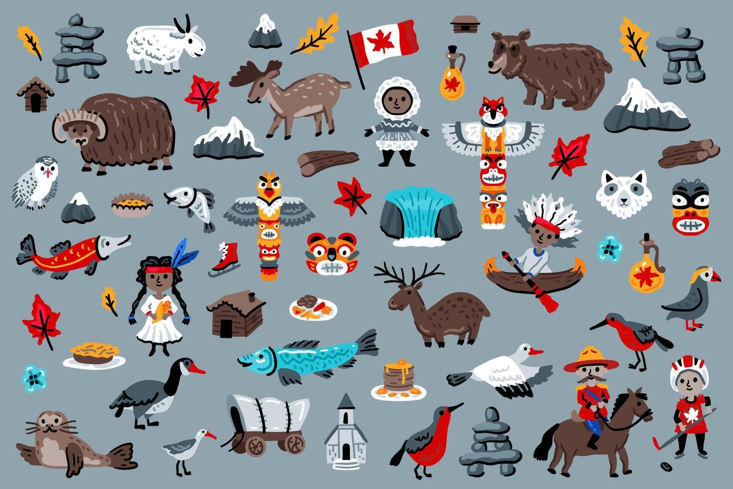 Canada travel symbols set. Collection of national canadian icons. Set of design elements in a hand-drawn style. Tourism. Children's doodle vector