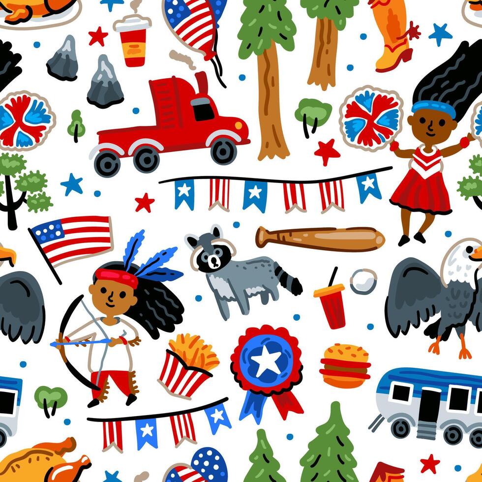 Bright cheerful children seamless pattern with symbols of the United States of America. July 4. American Indian, indian, eagle, sequoia, flag. USA landmarks. vector