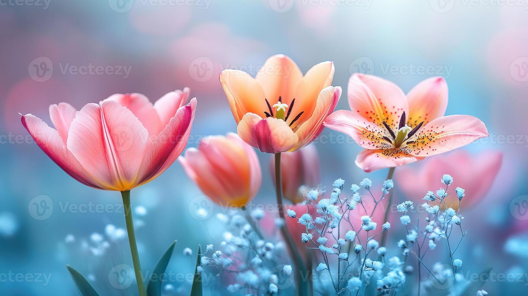 Pastel tulips, baby's breath, spring garden, bokeh background, greeting card photo