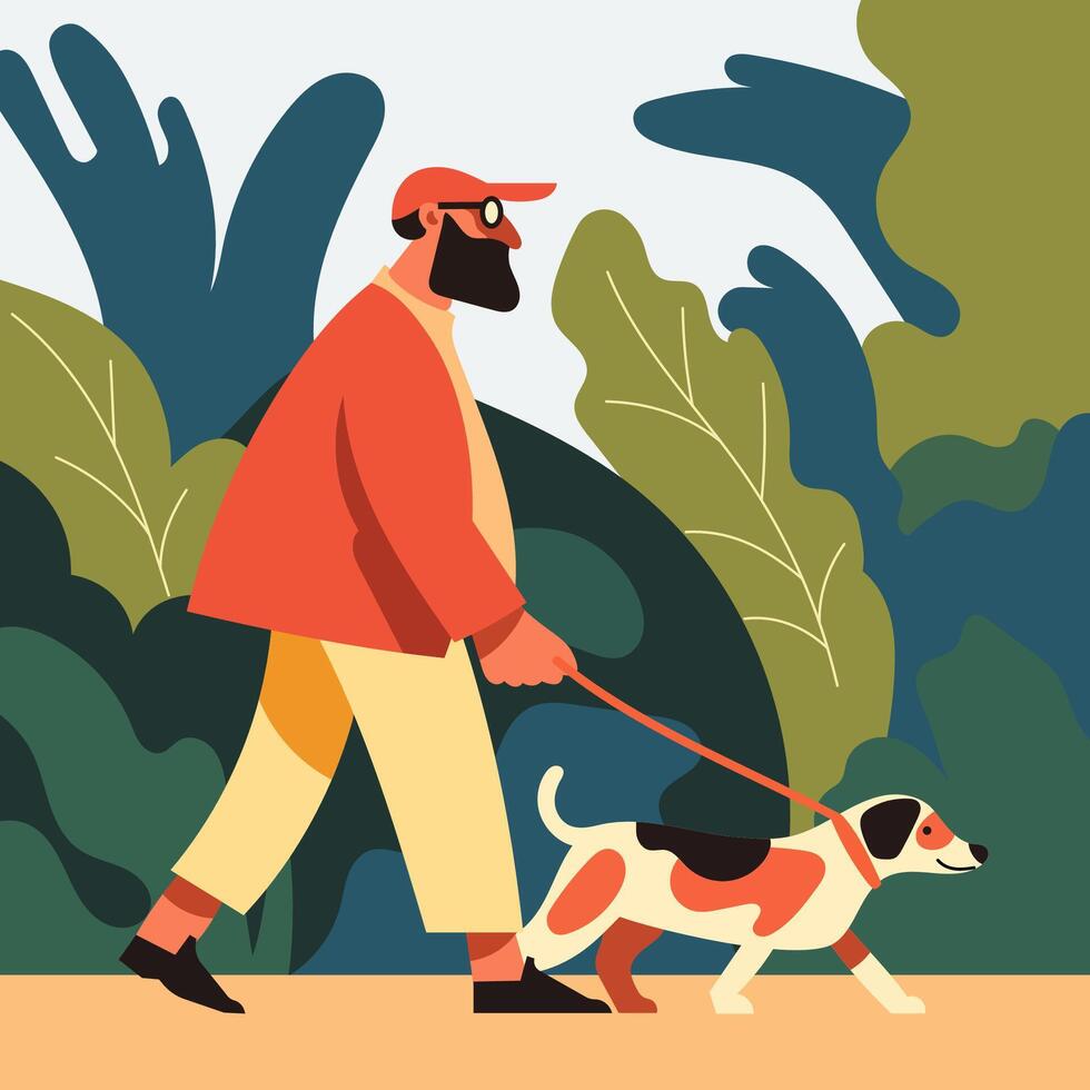 A vibrant digital illustration of a man walking his dog. The bold colors and dynamic composition capture the joy of outdoor activities and companionship. Perfect for pet lovers and lifestyle themes. vector