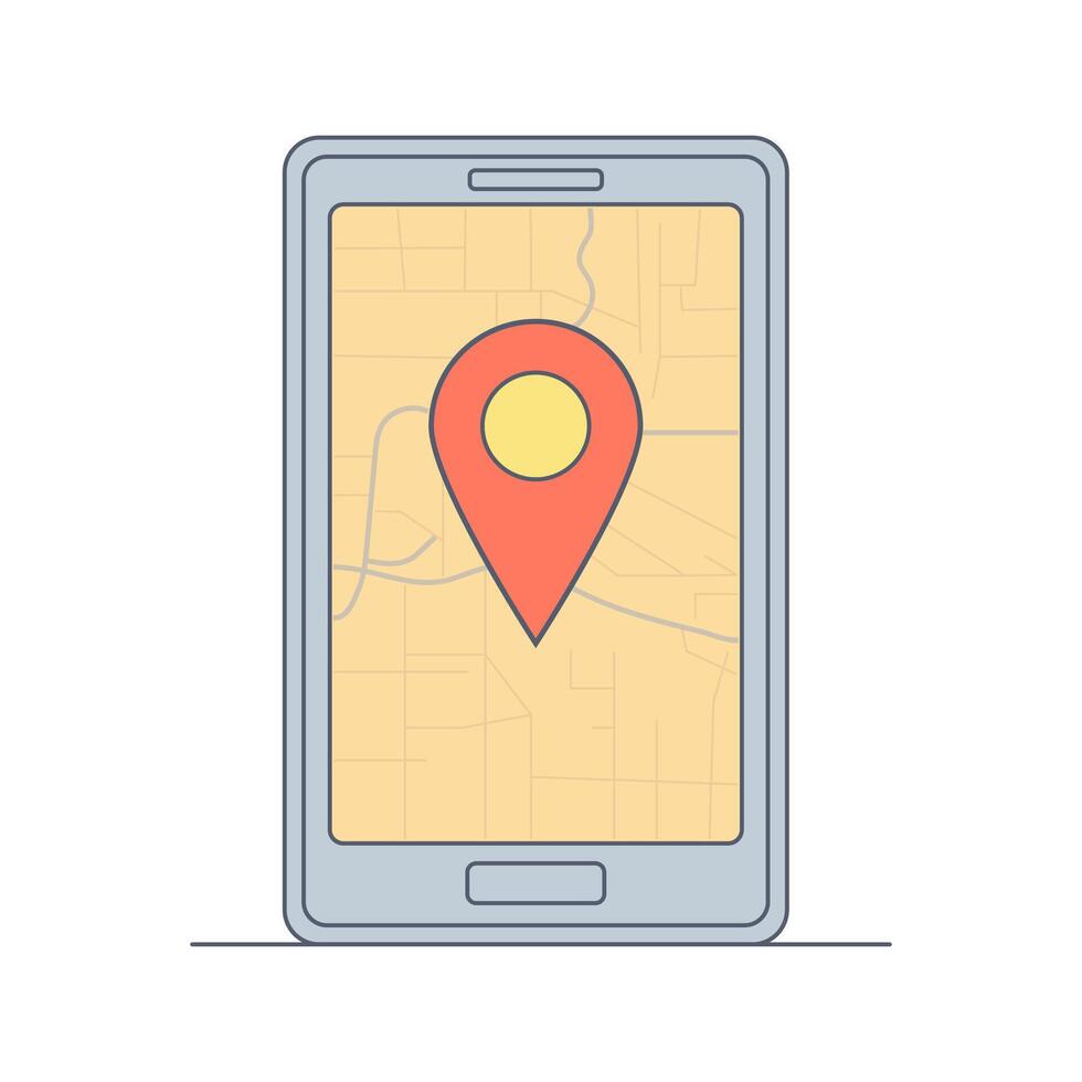 Geo Pin Marker on smartphone display. Mobile device showing a map on the screen. GPS, Destination, Journey, Map Navigation, Location, Route Direction, pointer icon concept. Flat outline illustration vector
