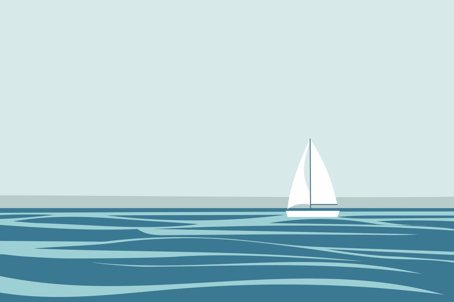 A minimalist flat design of a single sailboat on the ocean. The serene composition and simple lines evoke a sense of tranquility and adventure, perfect for nautical themes and decor. vector