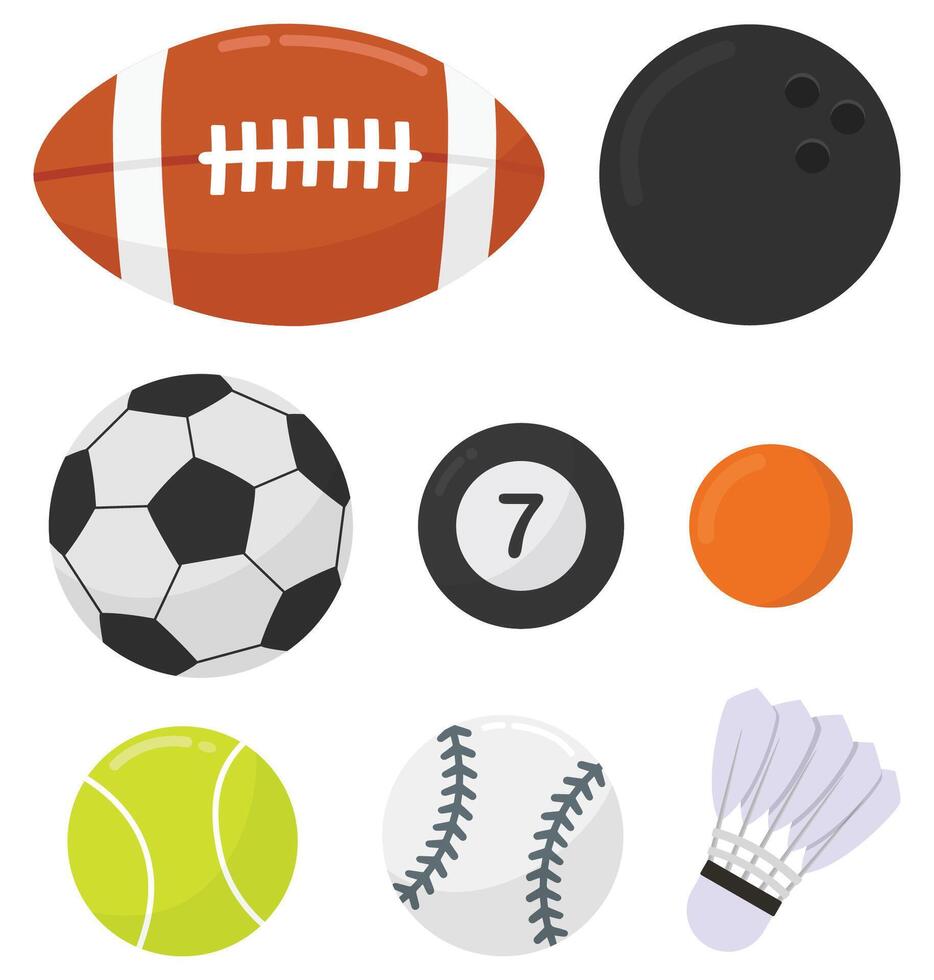 Sport ball equipment flat icon set isolated on white background. vector
