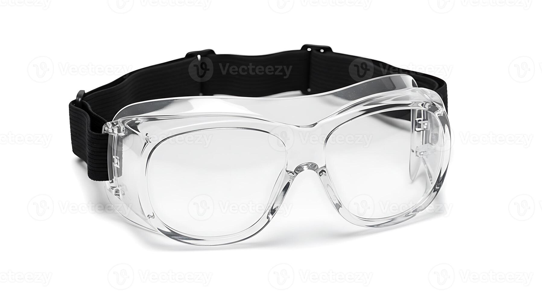 Close-up of Clear Safety Goggles with Black Elastic Strap on White photo