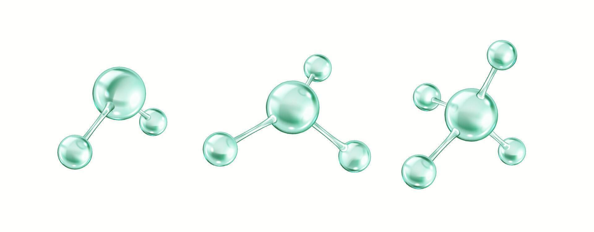 Collagen molecules form chemical bonds realistic color icons set. Protein structures from spheres 3d objects bundle on white background vector