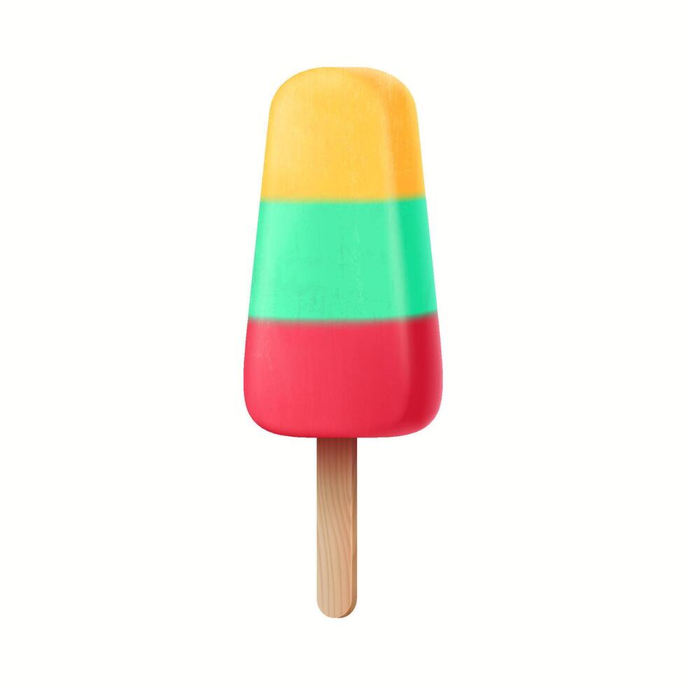 Brightly colored ice cream with three distinct layers in red, green, and yellow. The frozen dessert is presented on a simple wooden stick against a white background. vector