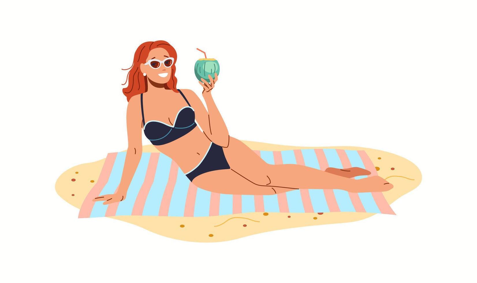 Illustration of a woman in a bikini lounging on a beach towel while enjoying a refreshing coconut drink. She wears sunglasses and smiles under the sun. vector
