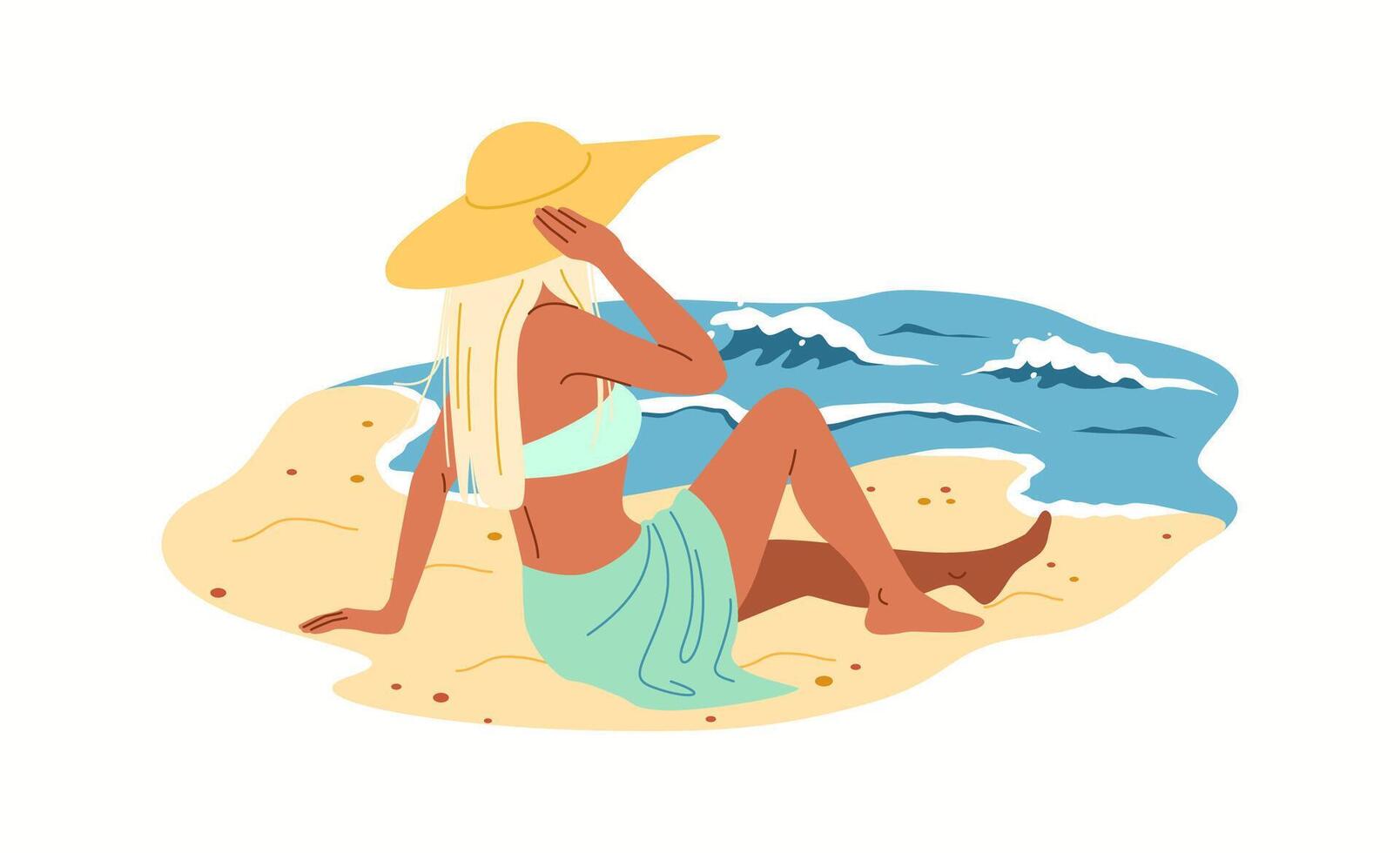 Illustration of woman in swimsuit and sun hat sitting on sandy beach facing ocean waves enjoying sunny day and serene coastal scenery vector