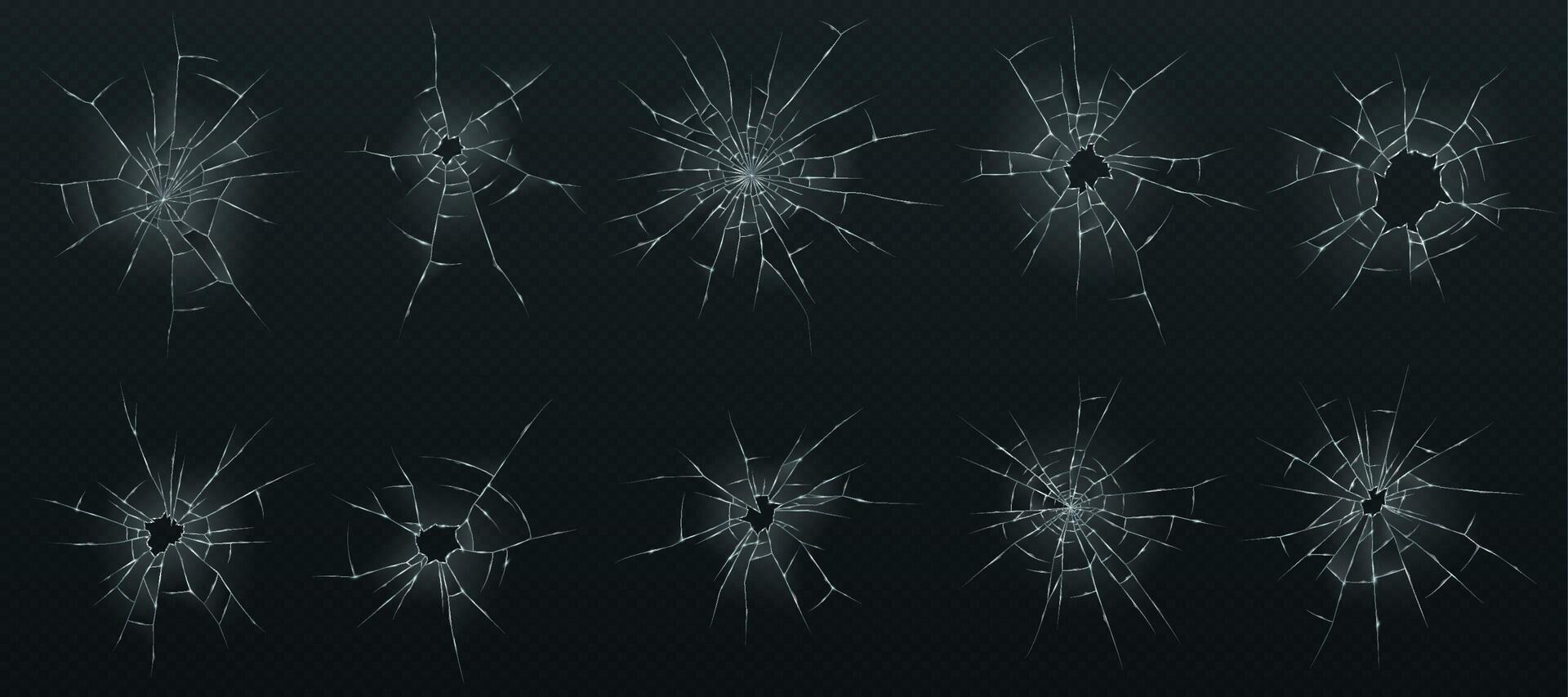Ten isolated realistic shattered glass patterns on background. Cracks radiate from center with sharp edges, suitable for design and decoration. vector