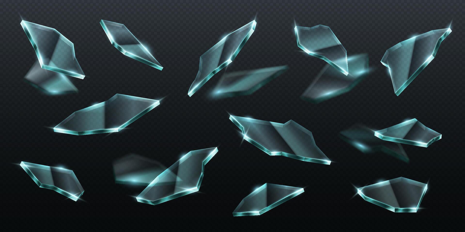Realistic 3D illustration of floating glass shards with sharp edges. Perfect for broken glass effects, destruction visuals, and abstract backgrounds. vector