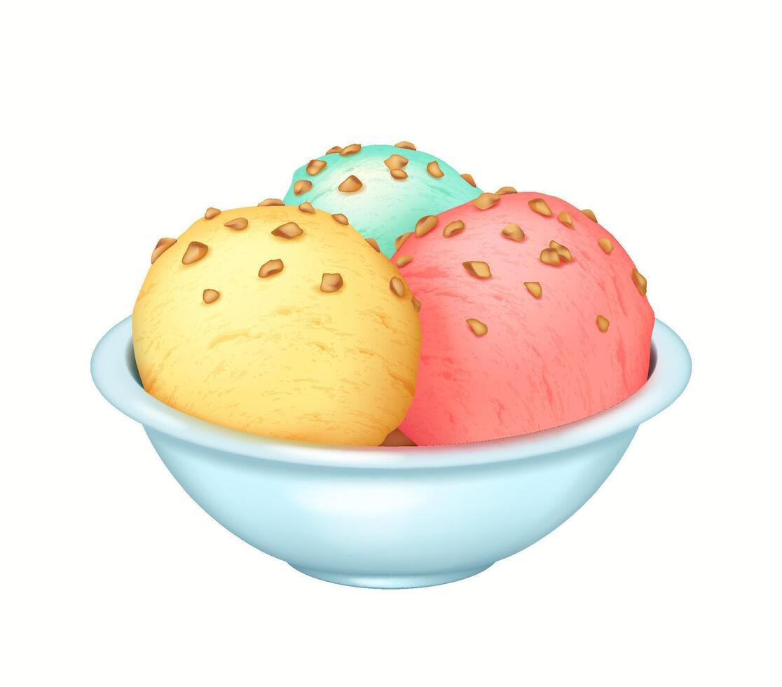 Illustration of three colorful ice cream scoops in a pastel blue bowl. The scoops are topped with small crunchy nuts, showcasing an appealing and appetizing dessert. vector