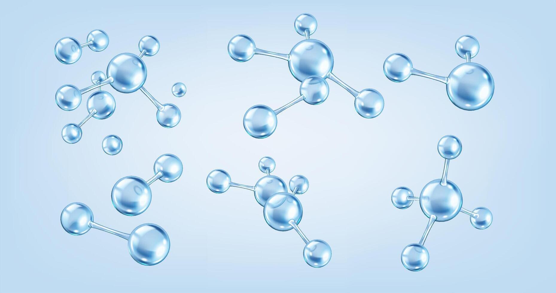 Collagen molecules models realistic color icons set. Element vital for skin elasticity and health 3d objects bundle on blue background vector