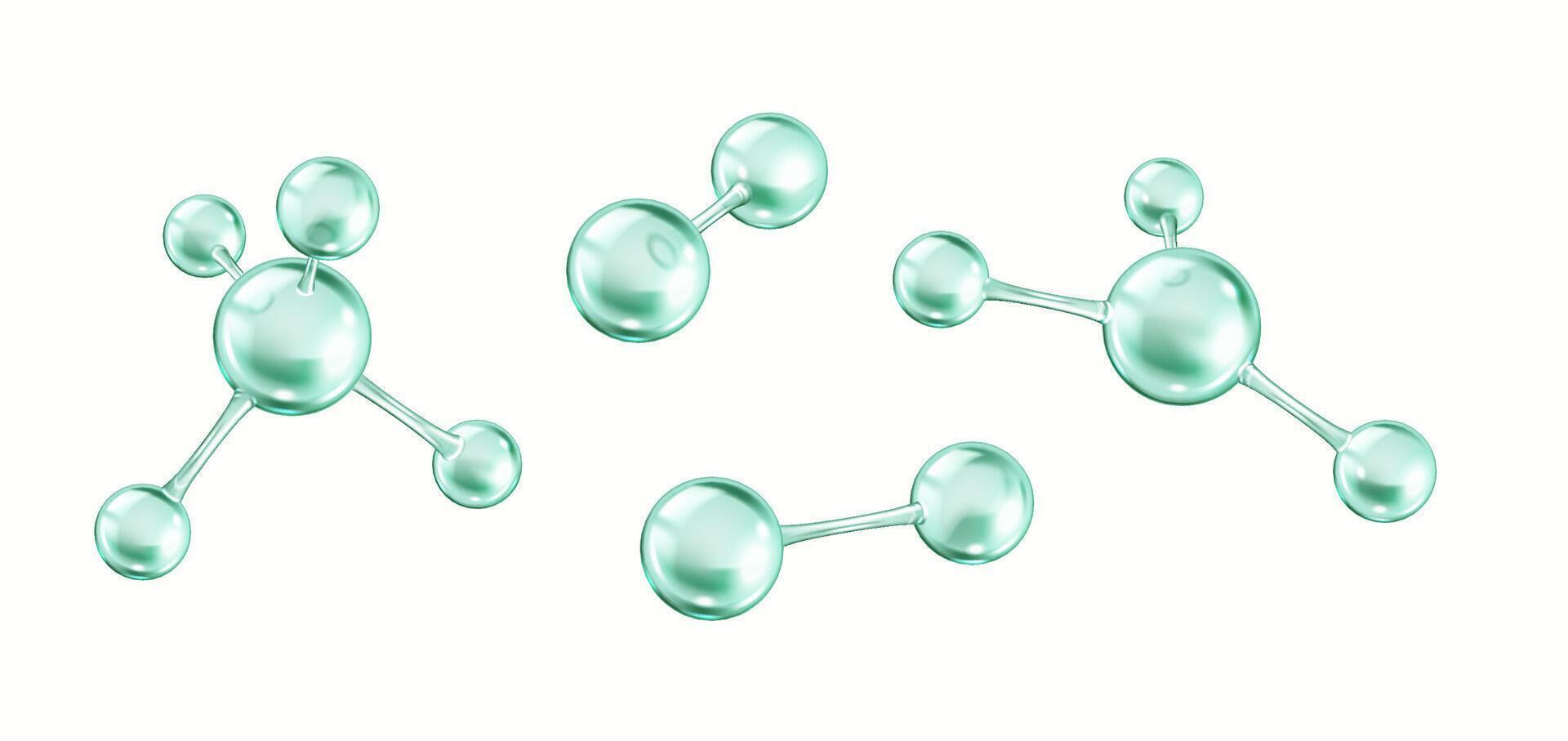 Different rotating green collagen molecules realistic color icons set. Protein creates chemical bonds 3d objects bundle on white background vector