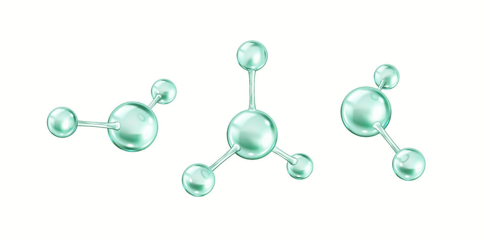Rotating green collagen molecules realistic color icons set. Protein structures from different spheres 3d objects bundle on white background vector