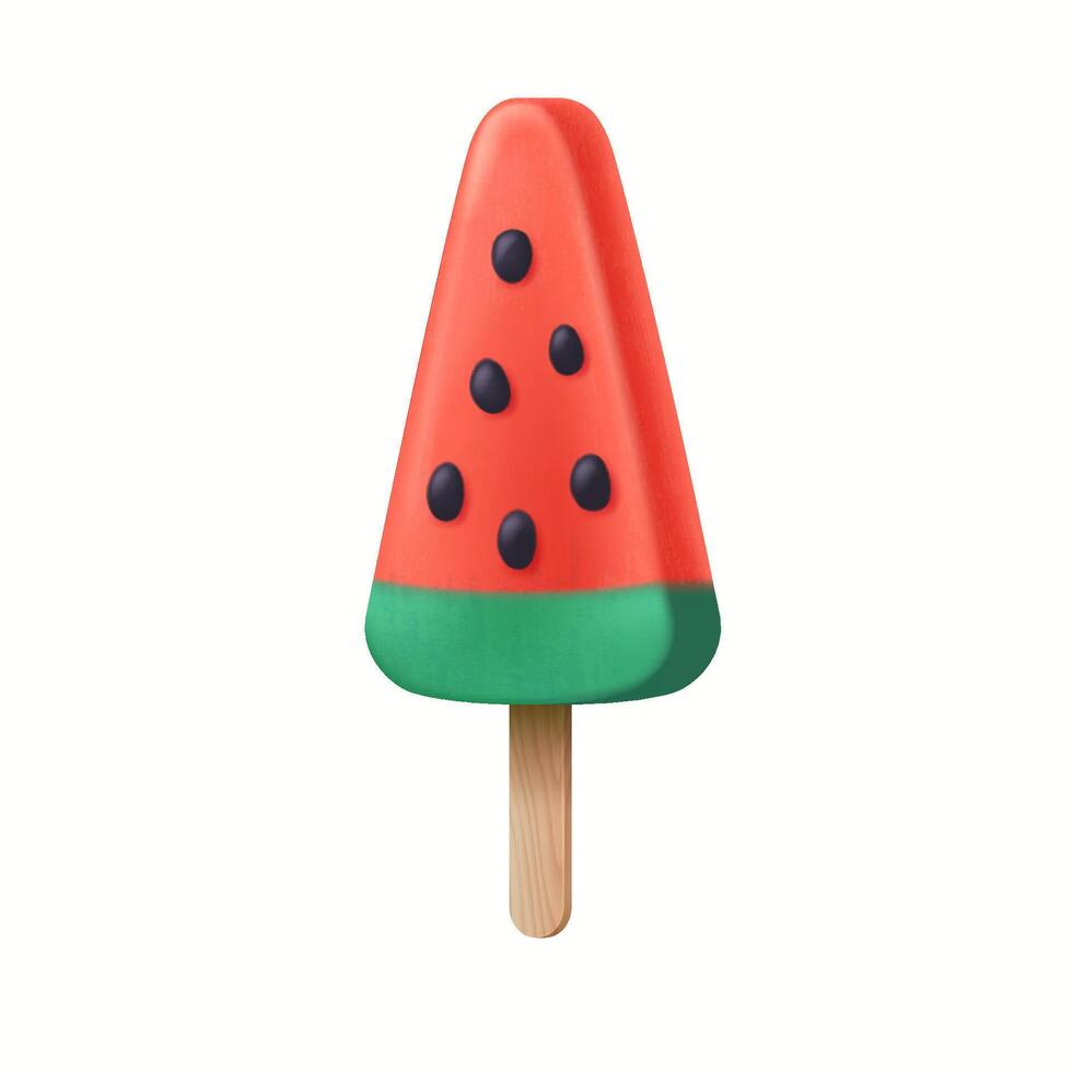 Illustration of a watermelonthemed ice cream stick featuring vibrant red and green colors along with black dot details resembling seeds on a clean white background. vector
