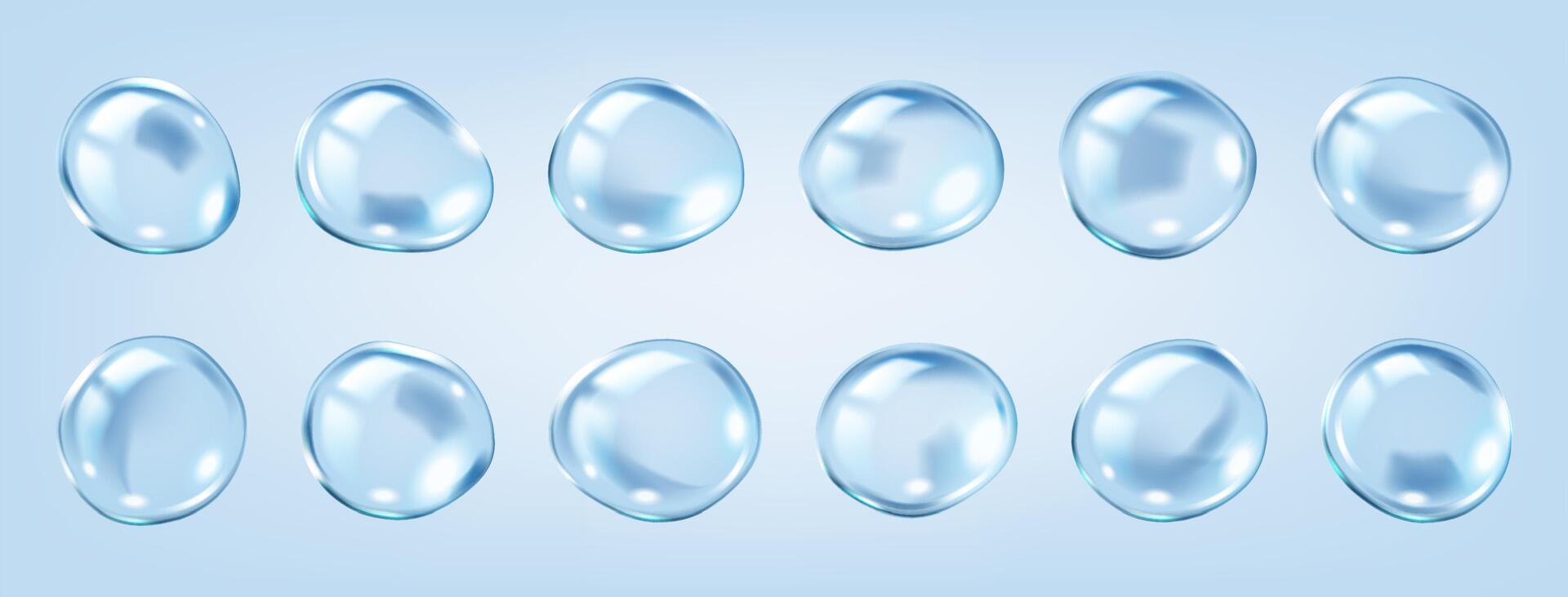 molecular bubbles realistic color icons set. Collagens skin nourishing properties 3d objects bundle on blue background vector