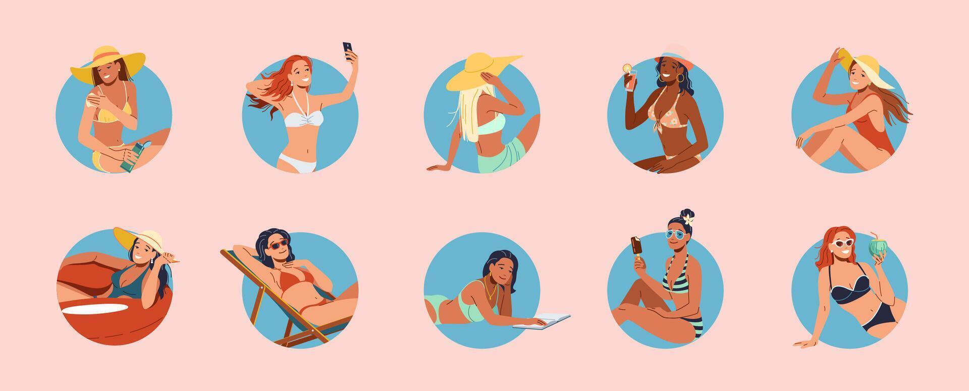Ten stylized illustrations depict women in various summer activities. Each is shown in a circular frame with distinct poses and accessories reflecting relaxation and enjoyment. vector