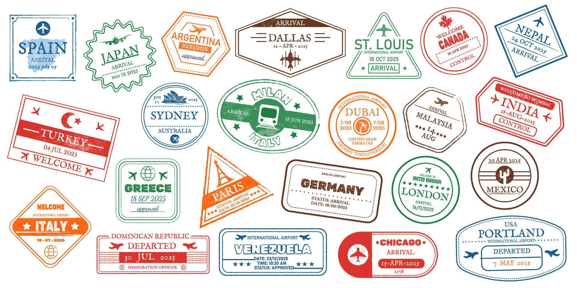 Illustration of variety of vibrant passport stamps representing different countries worldwide. Each stamp displays unique designs and colors, symbolizing international travel and cultural exploration. vector