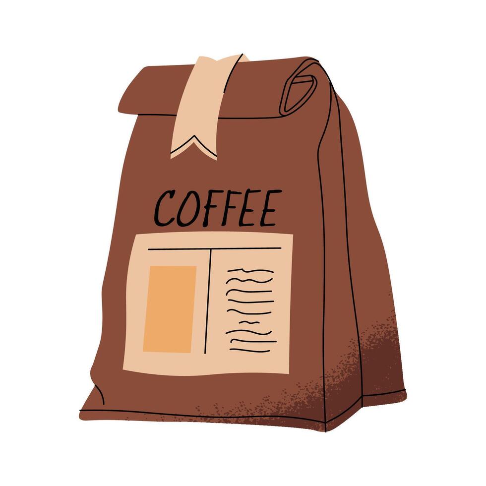 Coffee bag, closed package of freshly roasted coffee beans. Aromatic product in paper pack for caffeine drink, beverage. Flat illustration isolated vector