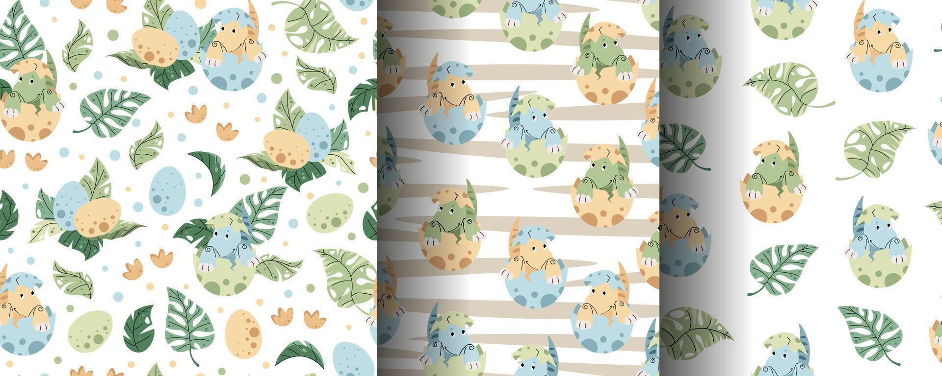 Set of Seamless patterns with cute dinosaurs in an egg in flat style. Endless texture with hatched baby dinosaur and tropical plants. Childish background for fabric, wallpaper vector