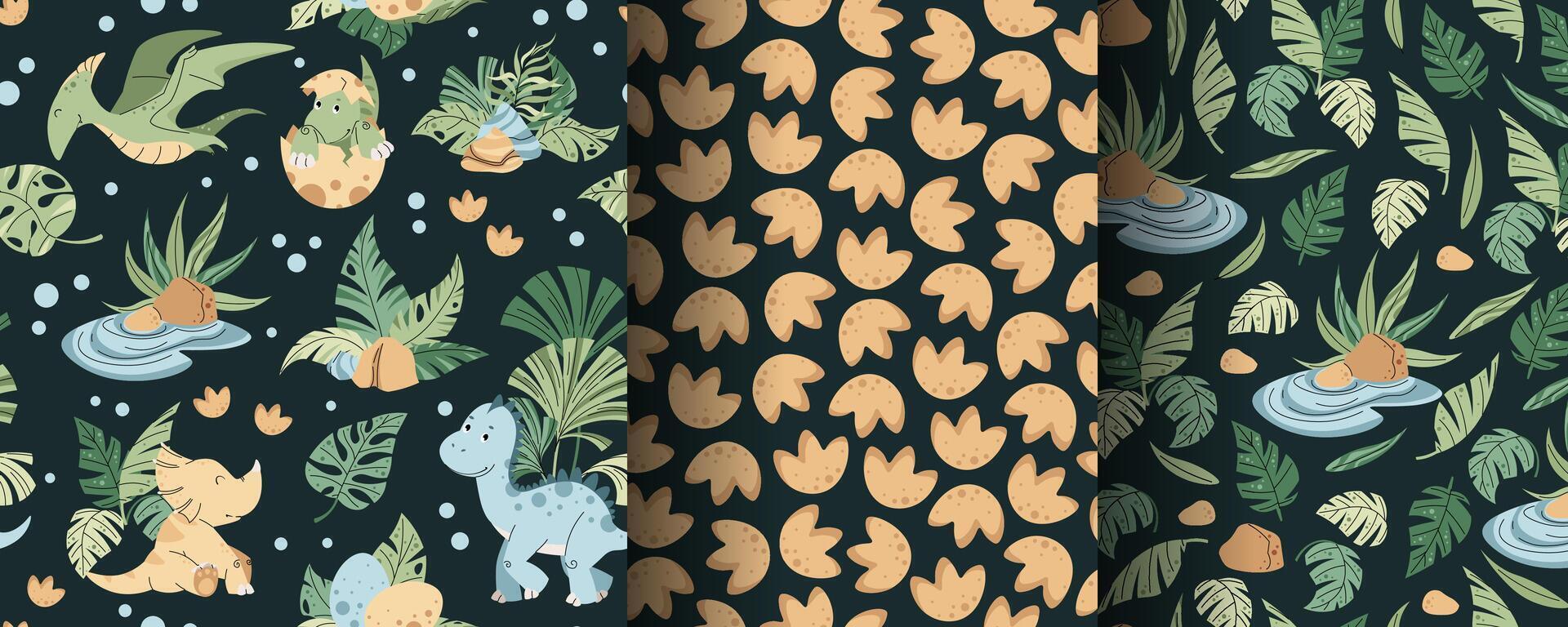 Set of seamless patterns with cute dinosaurs in flat style. Endless texture with baby dinosaurs with palm leaves, footprints and plants. Childish background for fabric, wallpaper, wrapping paper vector