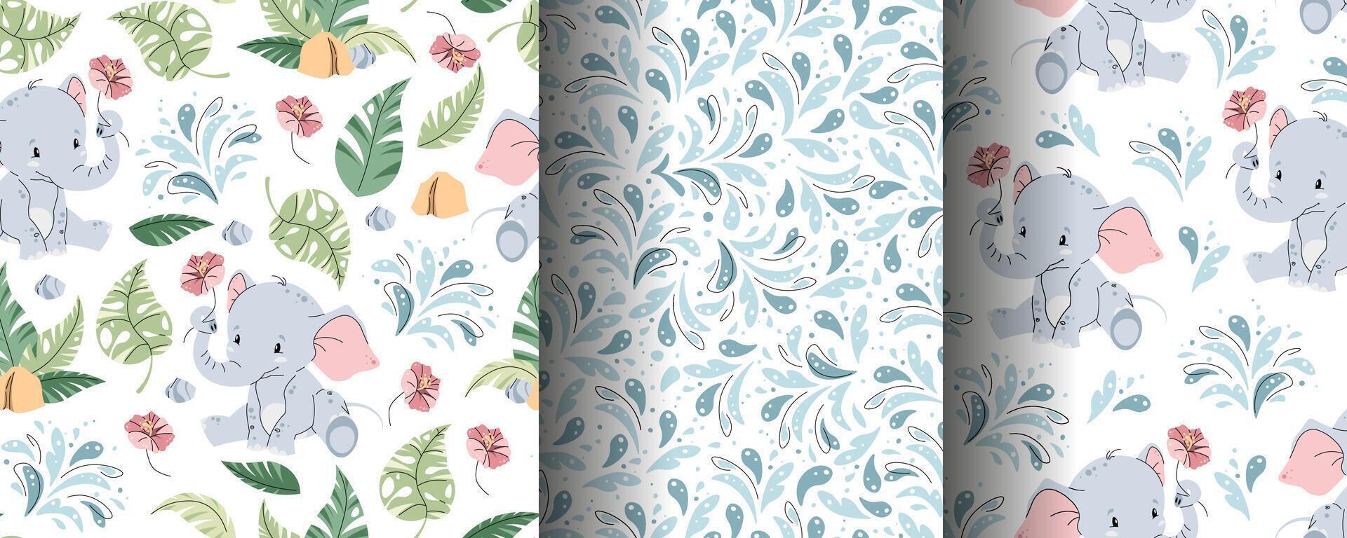 Set of seamless patterns with cute elephants in flat style. Repeating background with African animals and tropical plants. Childish illustration for fabric, wallpaper vector