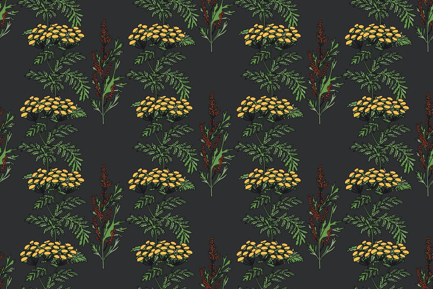 Botanical plant seamless pattern with flowers illustration. Repeating floral pattern in black color background. Graphic design for Fashion Cover Textile Birthday Greeting Card Invitation Print vector