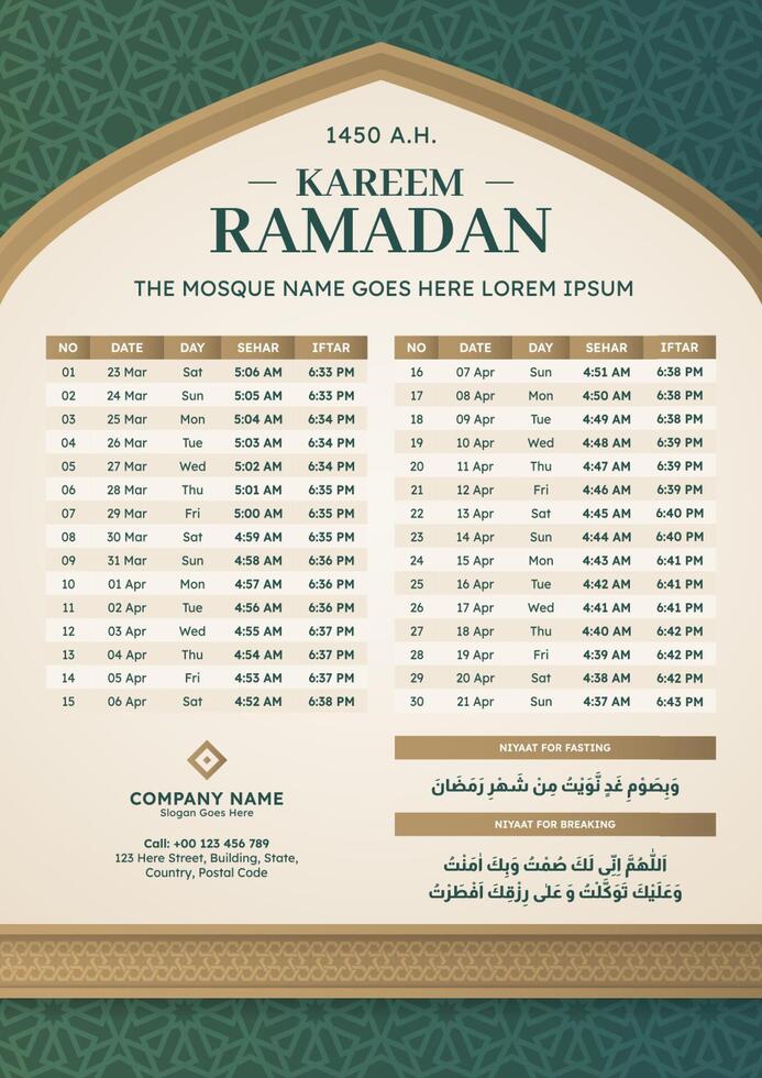 Ramadan Kareem Islamic Monthly Calendar Template Design vector