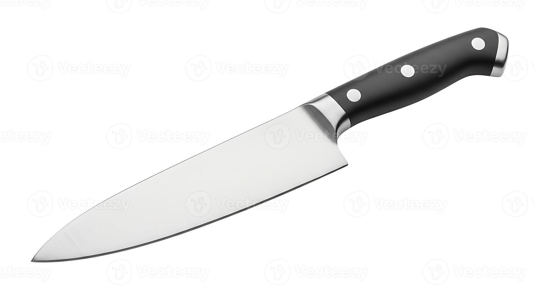 Chef Knife with Black Handle Shiny Metal Blade on White Background photo