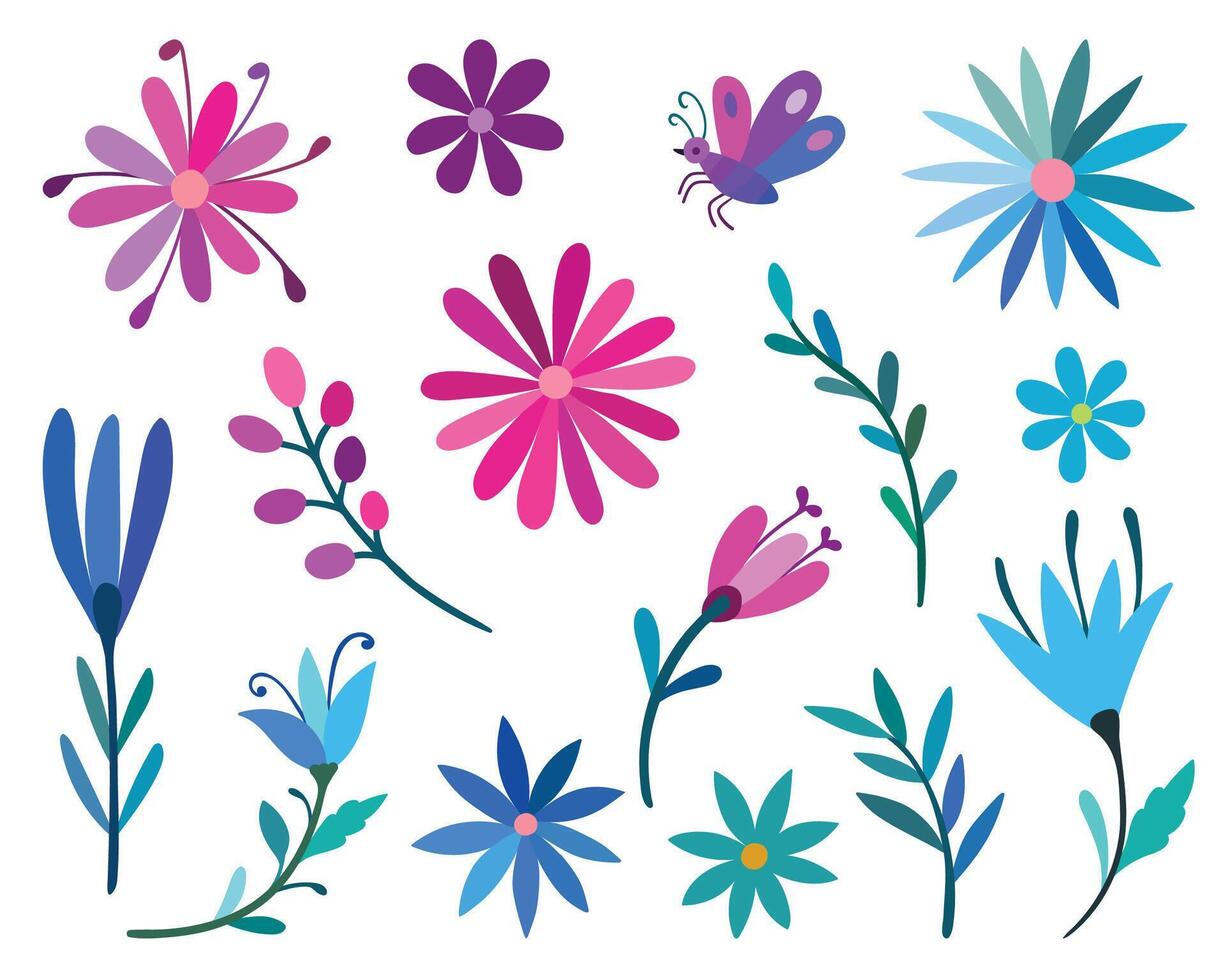 Floral set cute botanical elements on a white background. vector