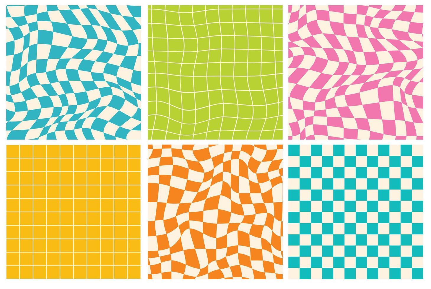 Groovy checkered seamless patterns in trendy y2k style. Retro chessboard with surreal wavy geometric shapes. vector