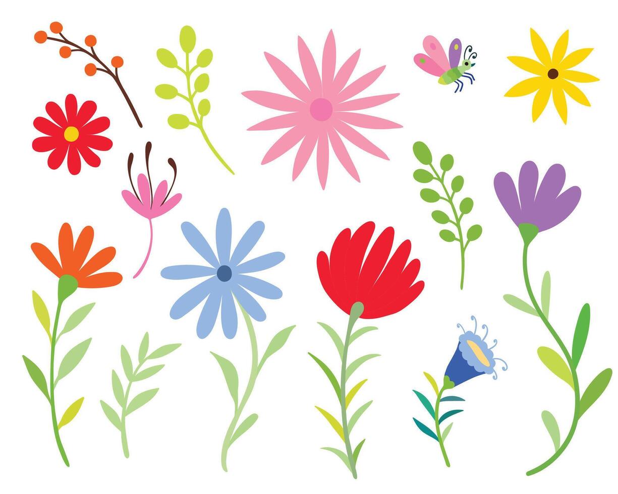 PrintField or garden blossoms. Meadow cute daisy and bluebell. Kids drawing. vector