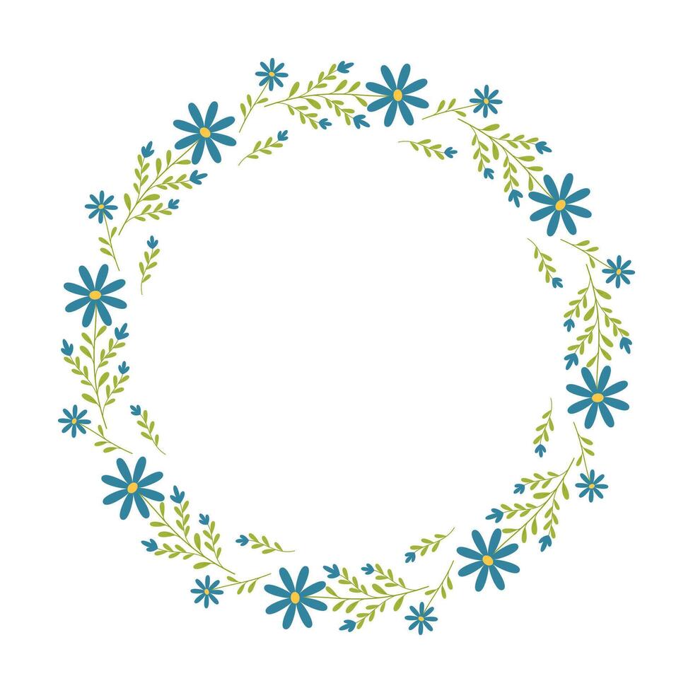 Round frame with cute blue wildflowers vector