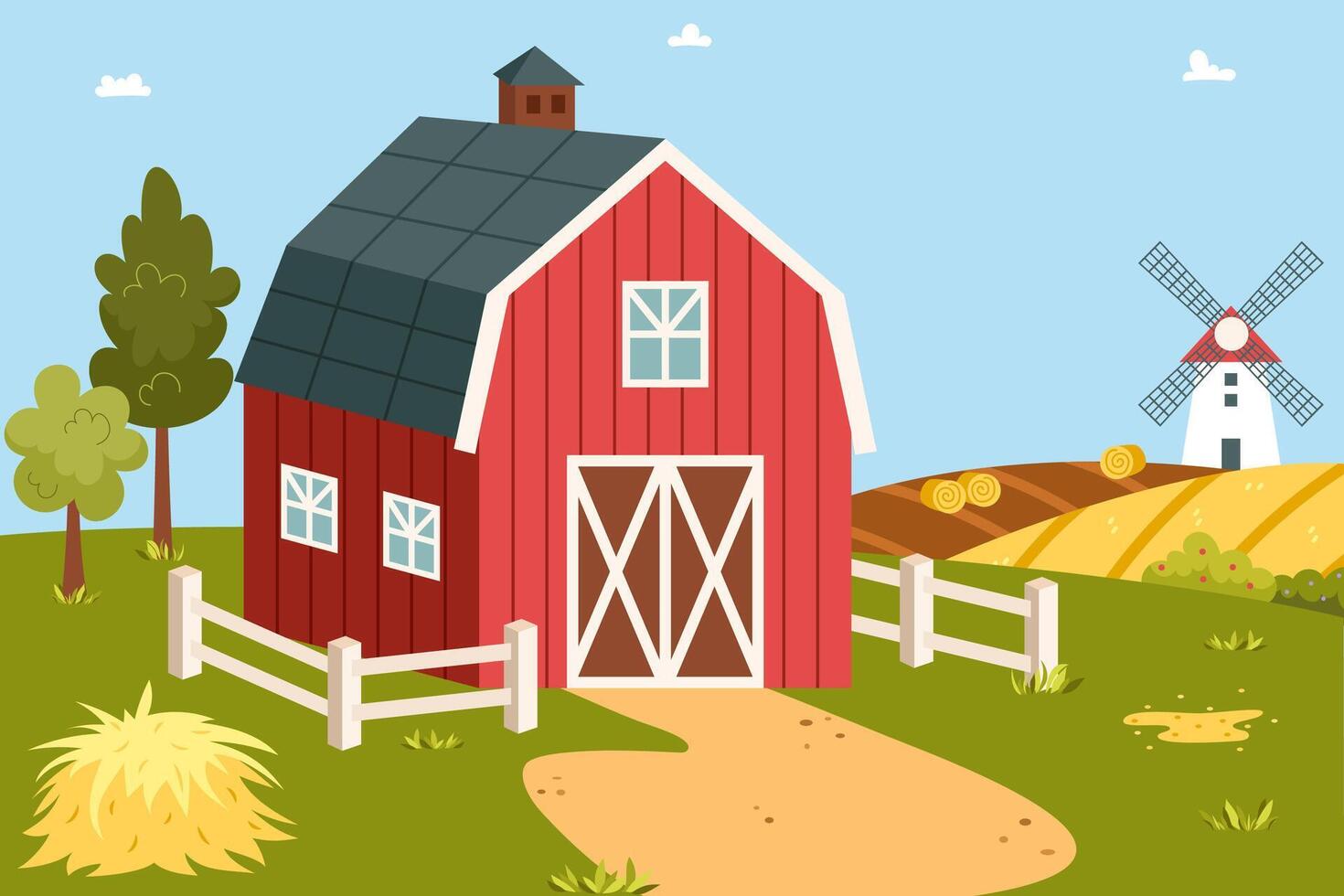 Cartoon farm landscape with yard and barn vector