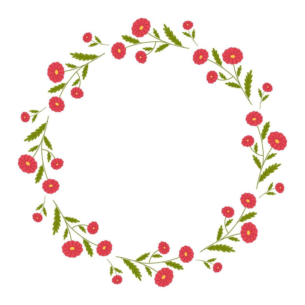 Round frame with cute red wildflowers vector