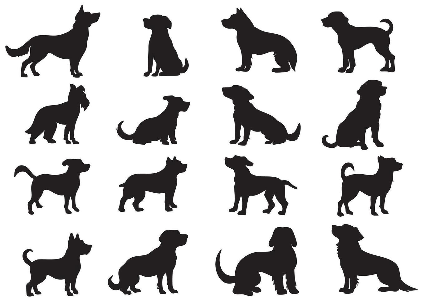 Silhouette set of various dog breeds in different poses vector