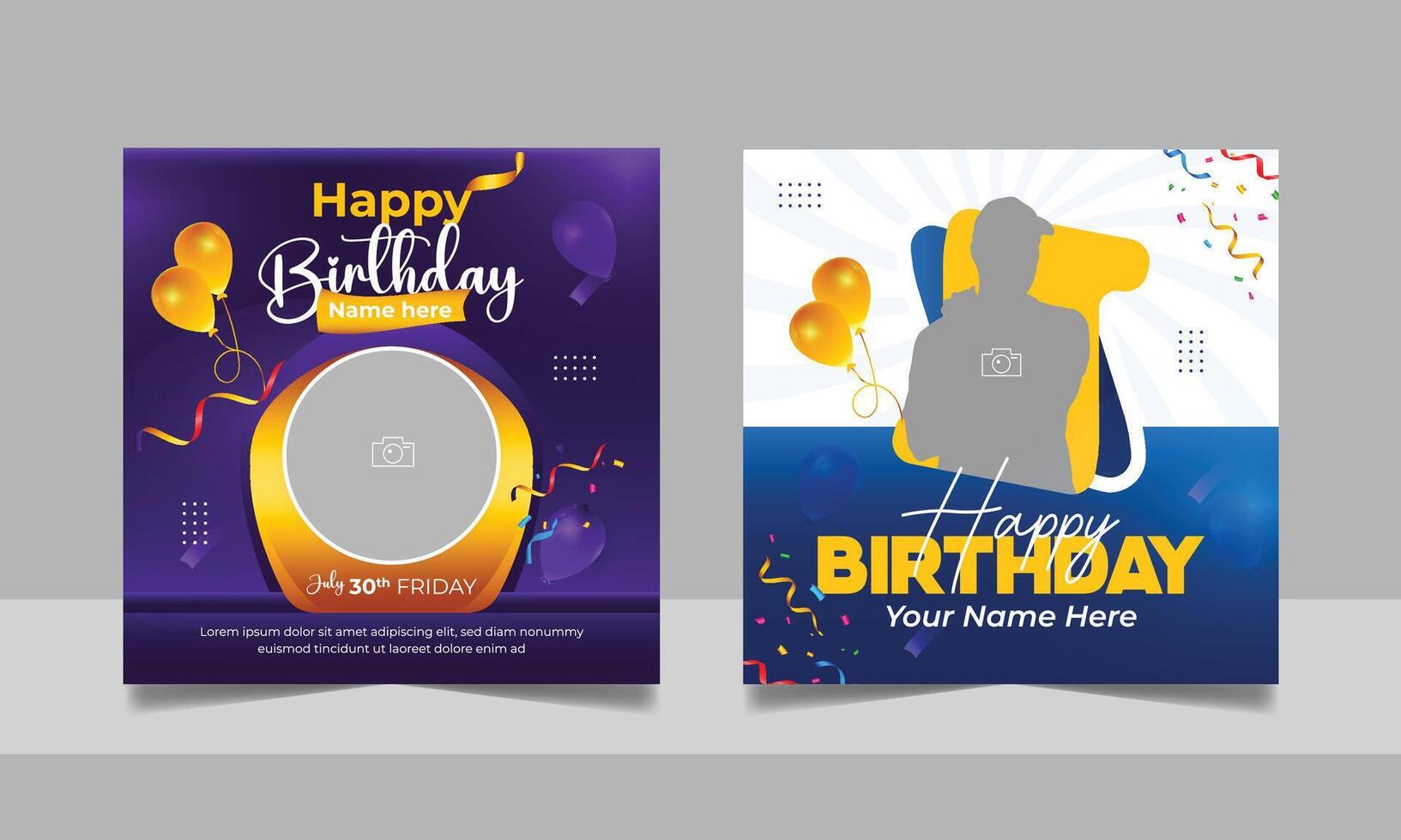 Happy birthday wishes social media post template, party invitation or greeting card, happy wedding anniversary celebration event square banner poster design vector