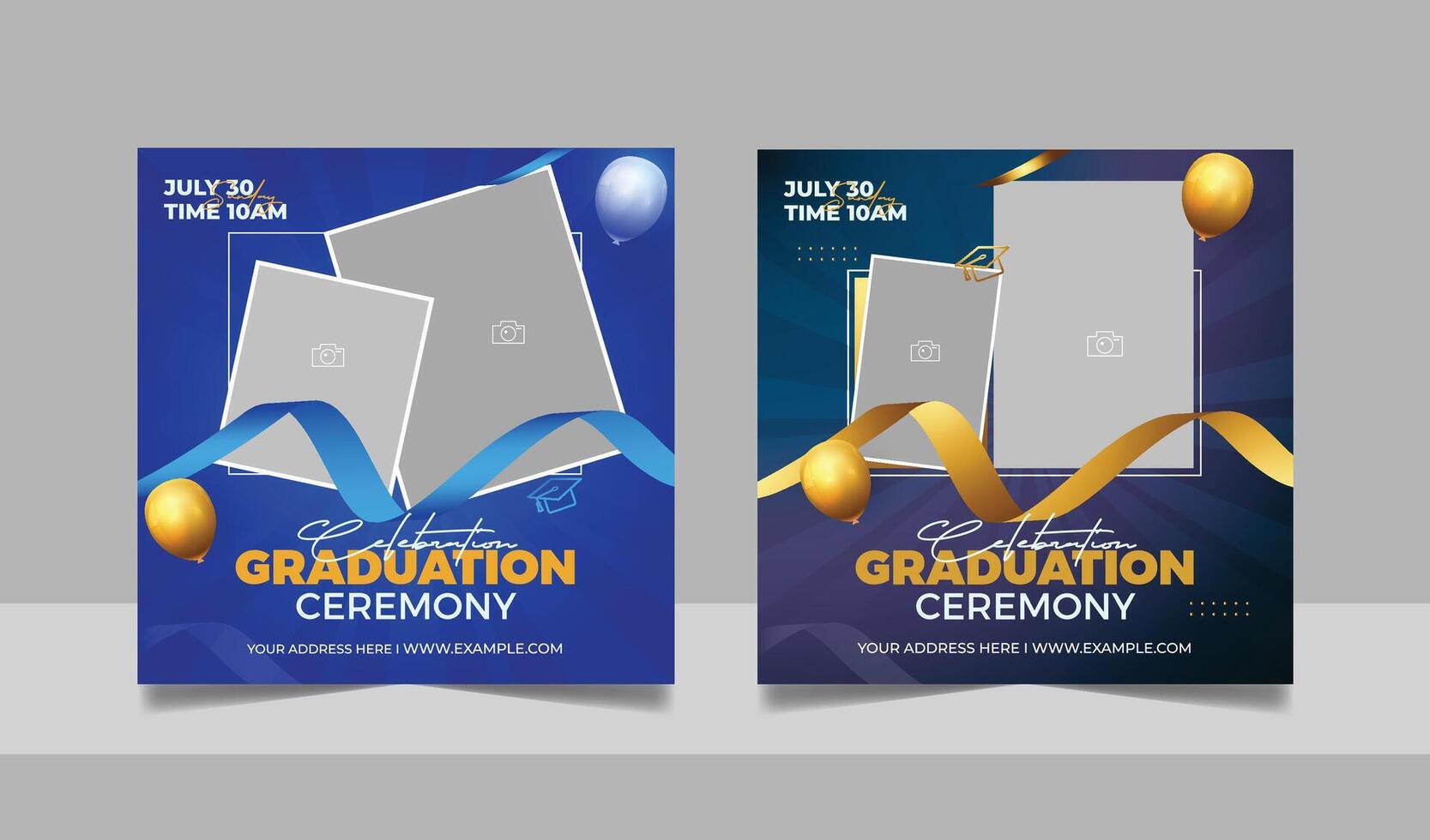 Graduation event greeting social media post education celebration square flyer wishes banner template with photo frame design set vector
