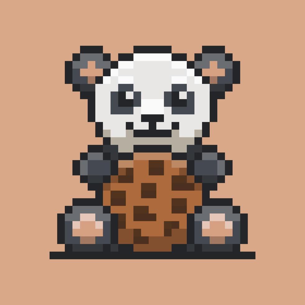 A pixel art illustration of a panda embracing a large chocolate chip cookie. The pixelated style adds a nostalgic and retro feel vector
