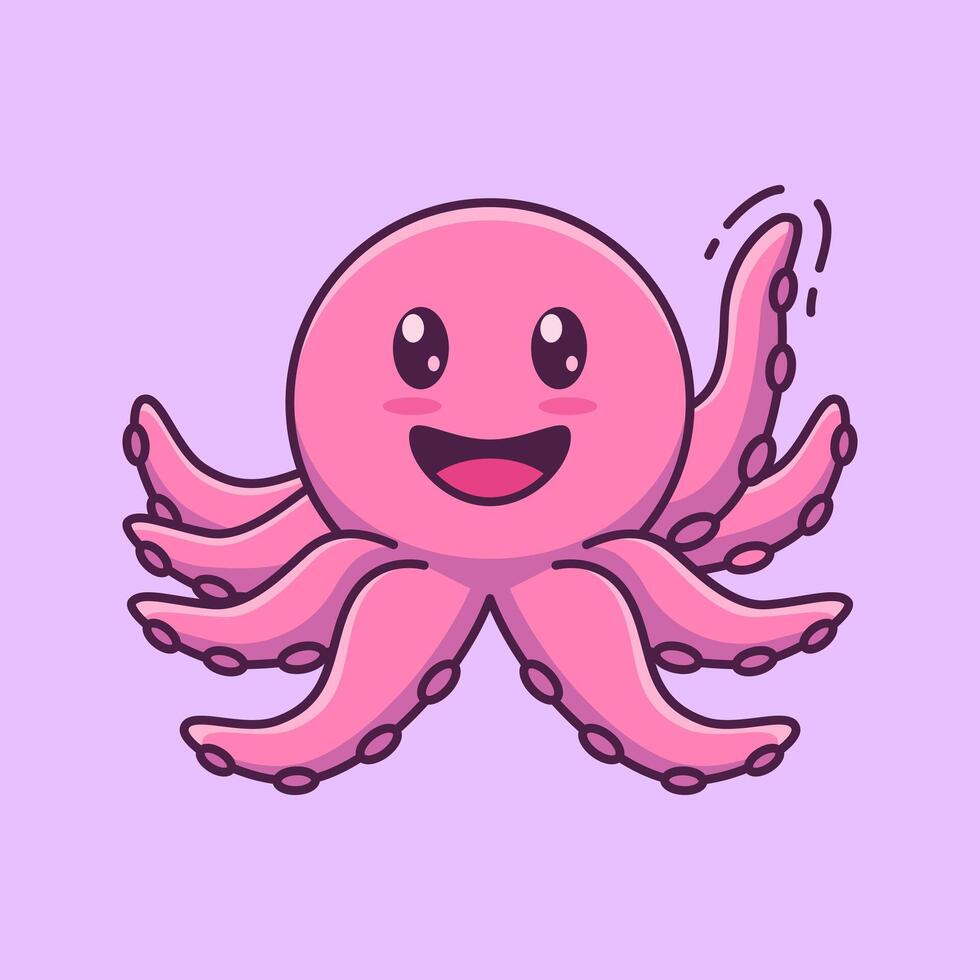 Adorable cartoon illustration of a happy pink octopus waving tentacle, featuring a charming smile and playful tentacles. vector